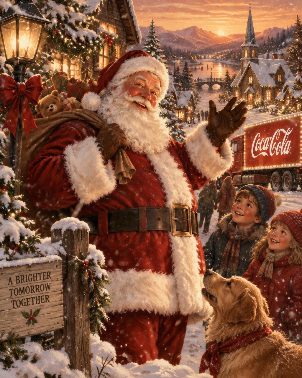 Jolly Santa Claus waving in a snowy village with warm holiday lights